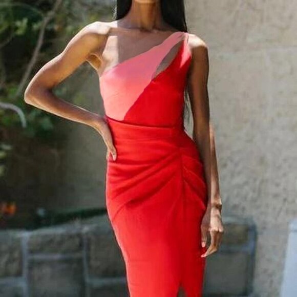 Lipsy London One-Shoulder Red Sheath Dress Asymmetrical-Pleat Cutout Stretch 12 - Picture 5 of 12